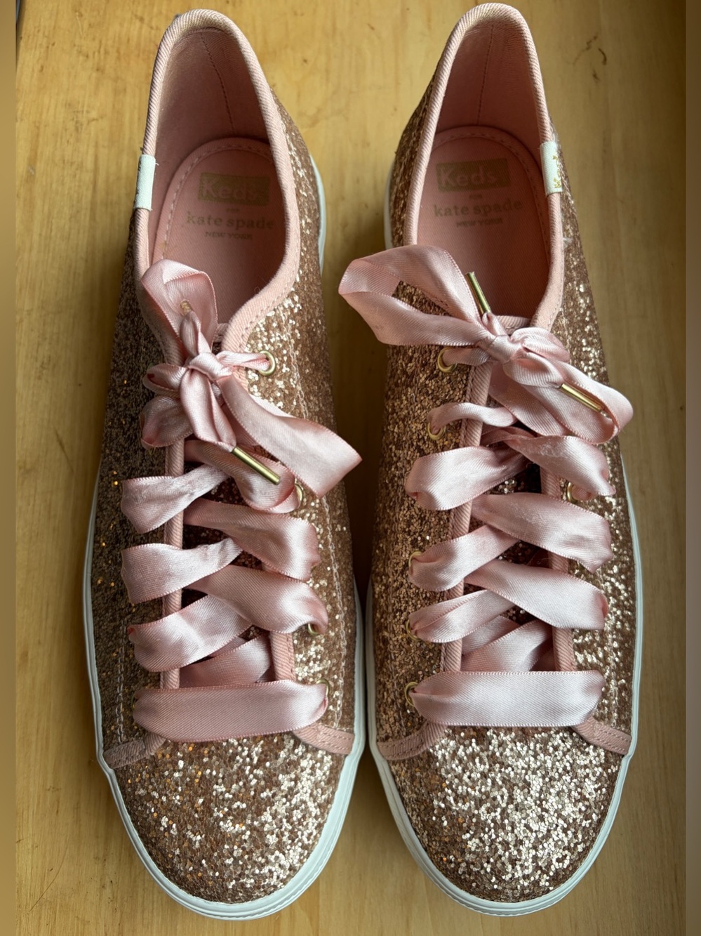Kate Spade x Keds Rose Gold Glitter Platform Sneakers Satin Ribbon Laces Size 11